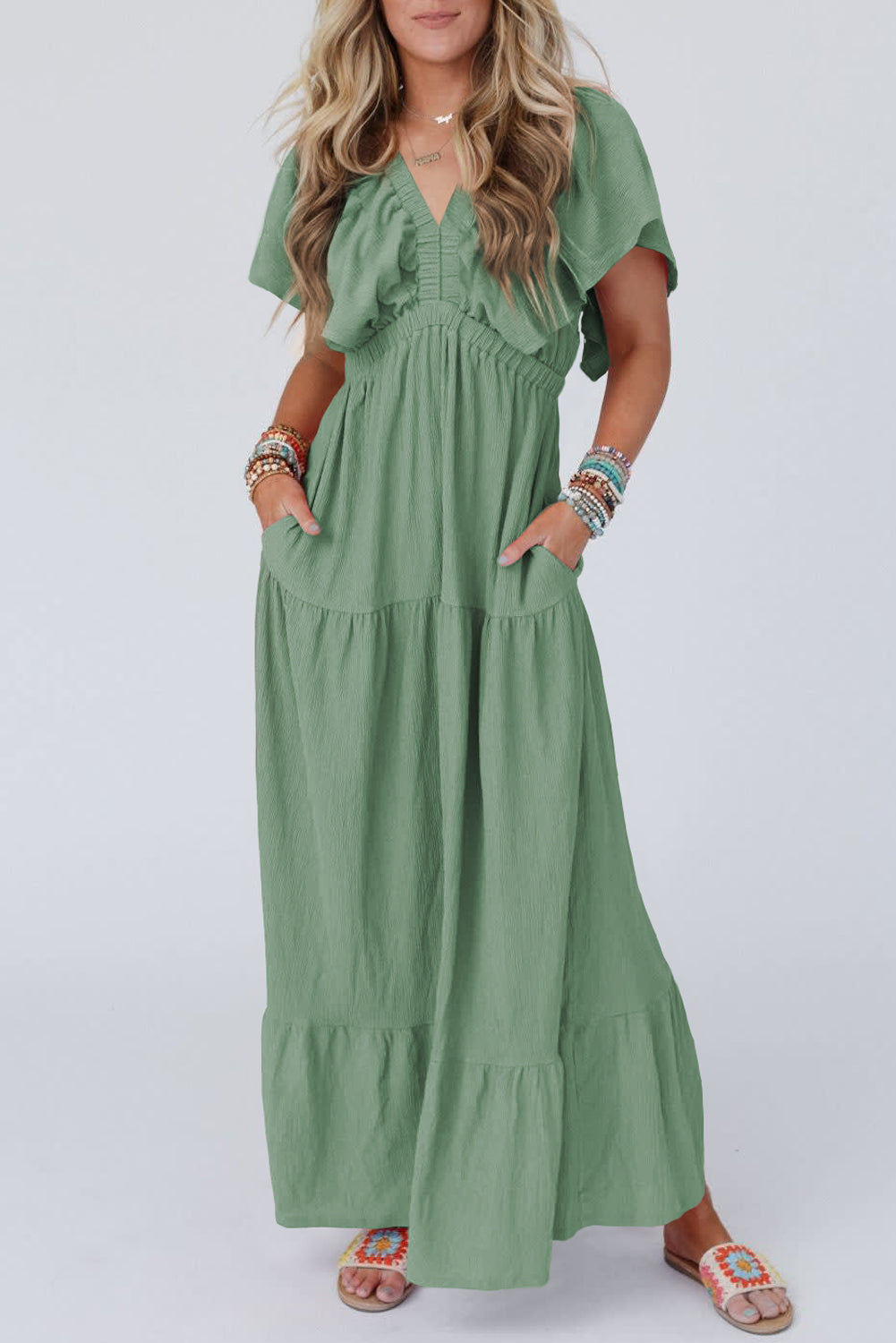 Grass Green Textured V Neck Flutter Sleeve Ruffled Long Dress Grass Green 65%Polyester+30%Viscose+5%Elastane Maxi Dresses JT's Designer Fashion