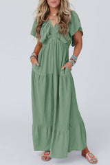 Grass Green Textured V Neck Flutter Sleeve Ruffled Long Dress Grass Green 65%Polyester+30%Viscose+5%Elastane Maxi Dresses JT's Designer Fashion