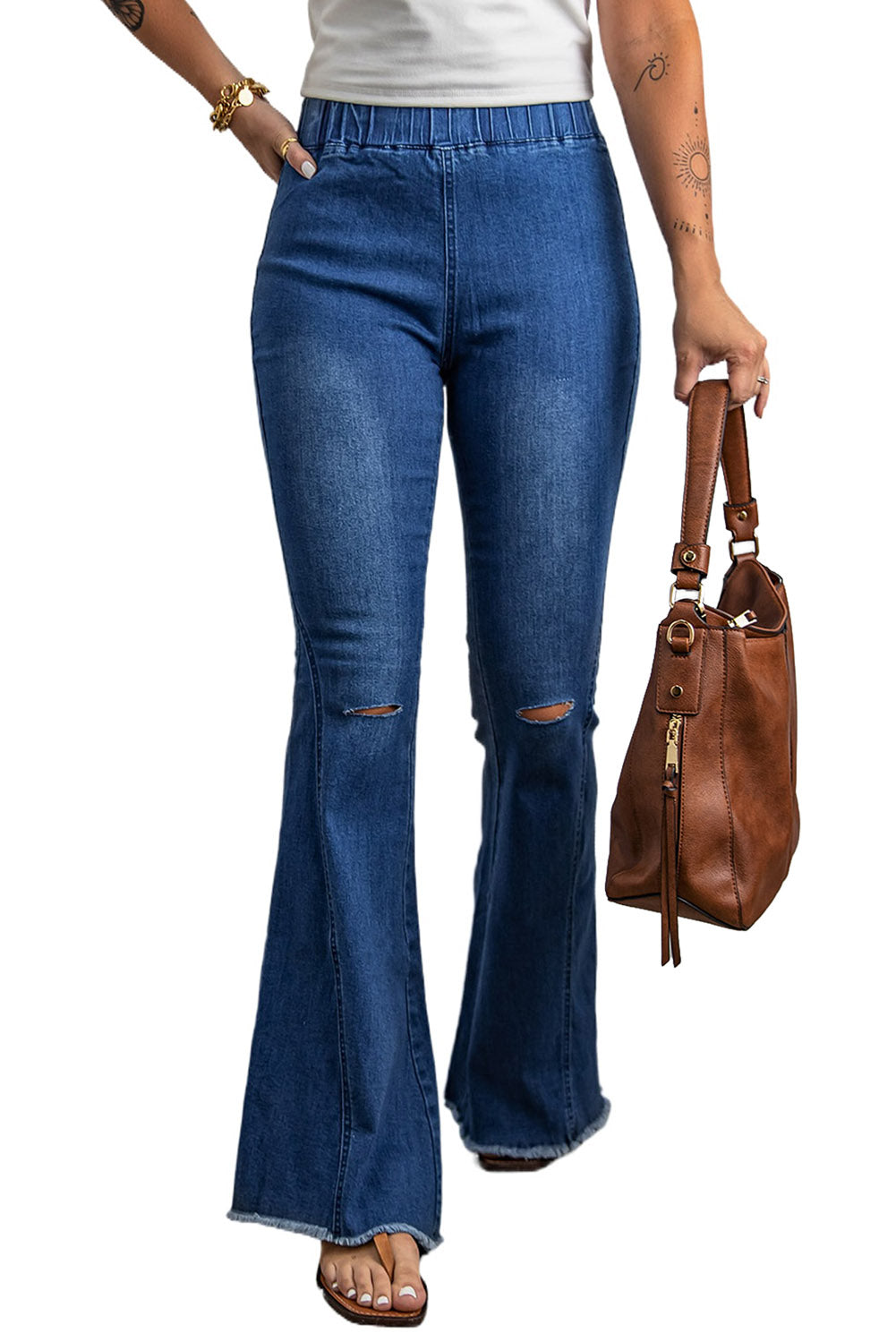 Sky Blue Distressed Bell Bottom Denim Pants Jeans JT's Designer Fashion