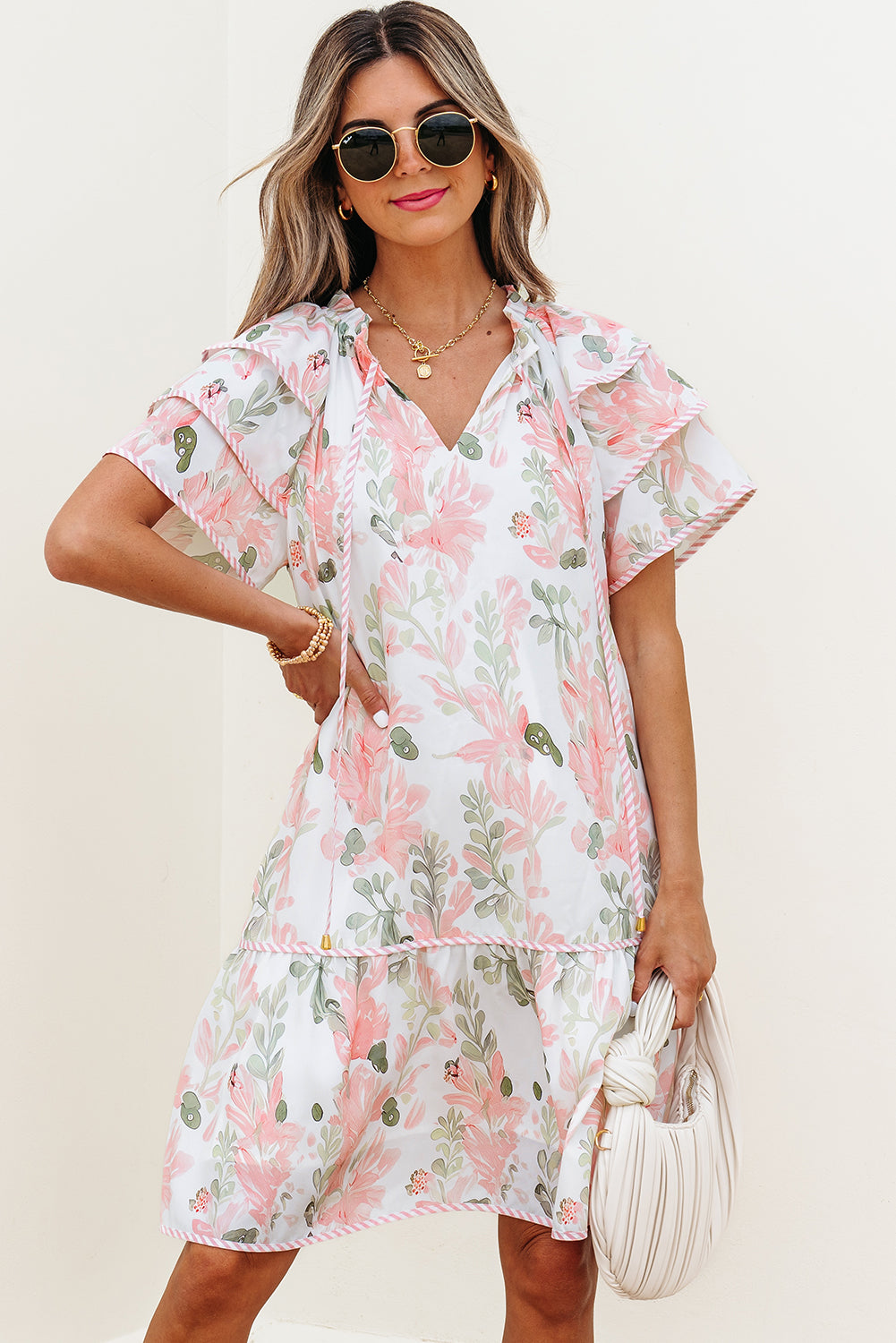 Pink Floral Contrast Edge Layered Short Sleeve Mini Dress Pink 100%Polyester Floral Dresses JT's Designer Fashion