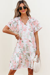 Pink Floral Contrast Edge Layered Short Sleeve Mini Dress Pink 100%Polyester Floral Dresses JT's Designer Fashion