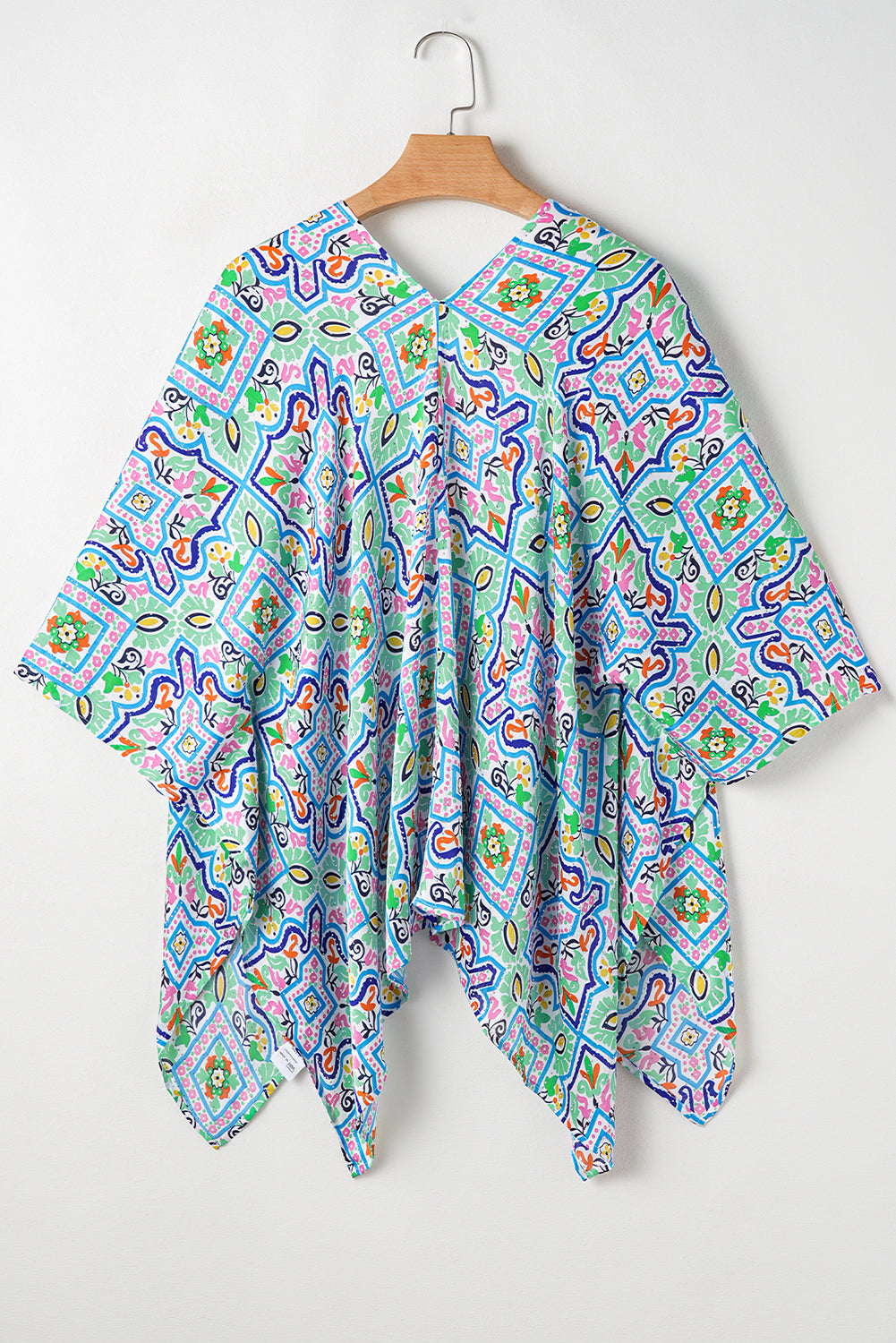 White Boho Floral Printed Rhinestone 3/4 Sleeve Open Front Kimono Kimonos JT's Designer Fashion
