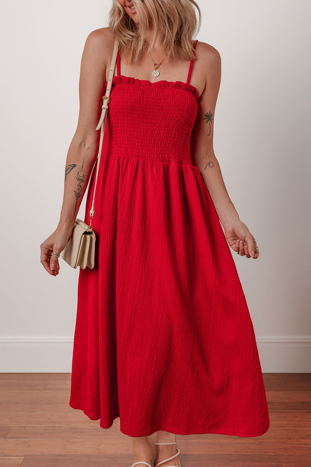 Racing Red Textured Shirred Ruffled Trim Spaghetti Strap Midi Dress Midi Dresses JT's Designer Fashion