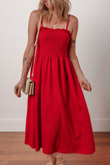 Racing Red Textured Shirred Ruffled Trim Spaghetti Strap Midi Dress Midi Dresses JT's Designer Fashion