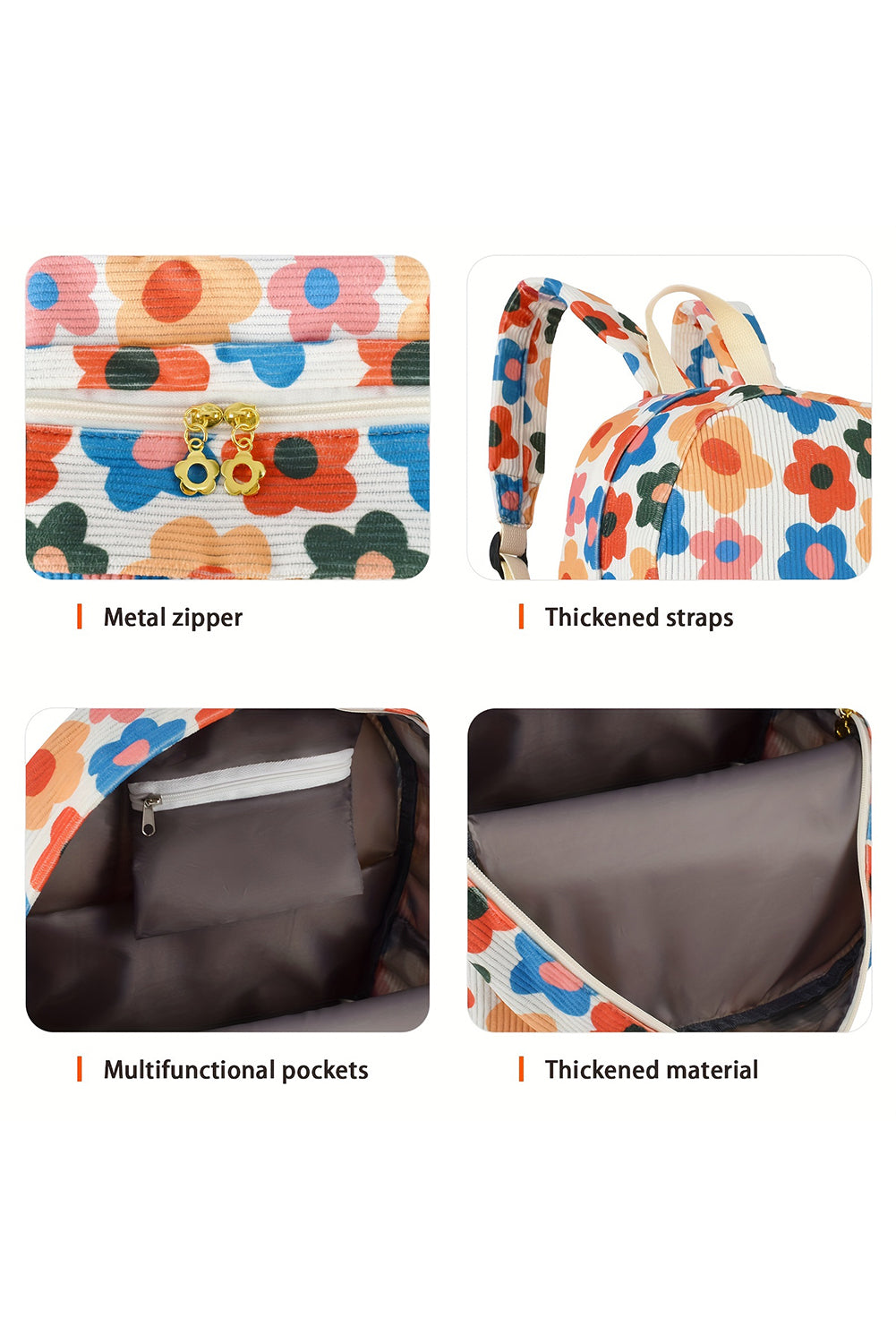 Khaki Flower Print Corduroy Backpack with Matching Pouch Backpacks JT's Designer Fashion