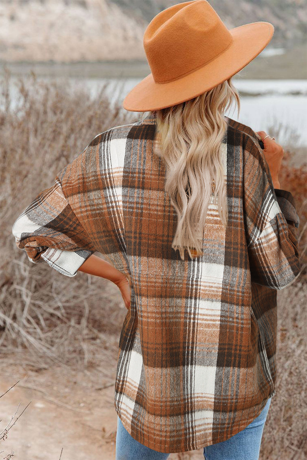 Brown Plaid Flap Pockets Shacket Plaid Shackets JT's Designer Fashion
