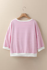 Pink Striped 3/4 Sleeve Drop Shoulder Top Long Sleeve Tops JT's Designer Fashion