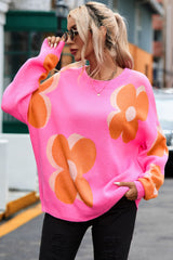 Flower Pattern Slouchy Sweater Red 100%Acrylic Sweaters JT's Designer Fashion