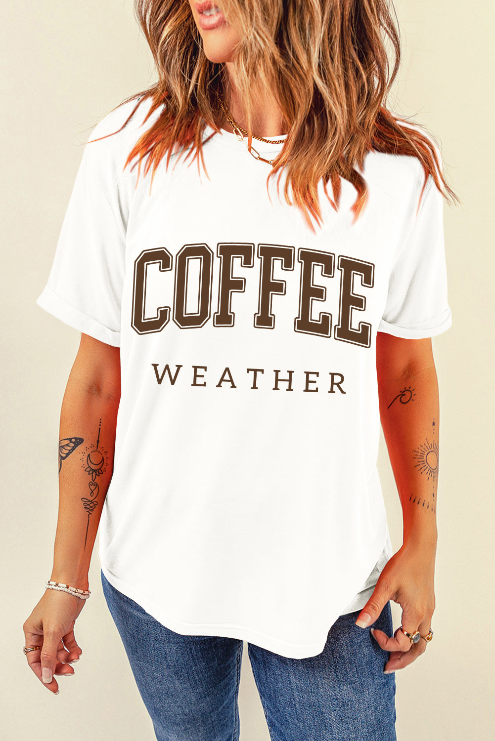 White COFFEE WEATHER Round Neck Graphic T Shirt Graphic Tees JT's Designer Fashion
