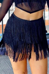 Black Tiered Fringe Trimmed Mini Skirt Black 90%Polyester+10%Elastane Skirts & Petticoat JT's Designer Fashion