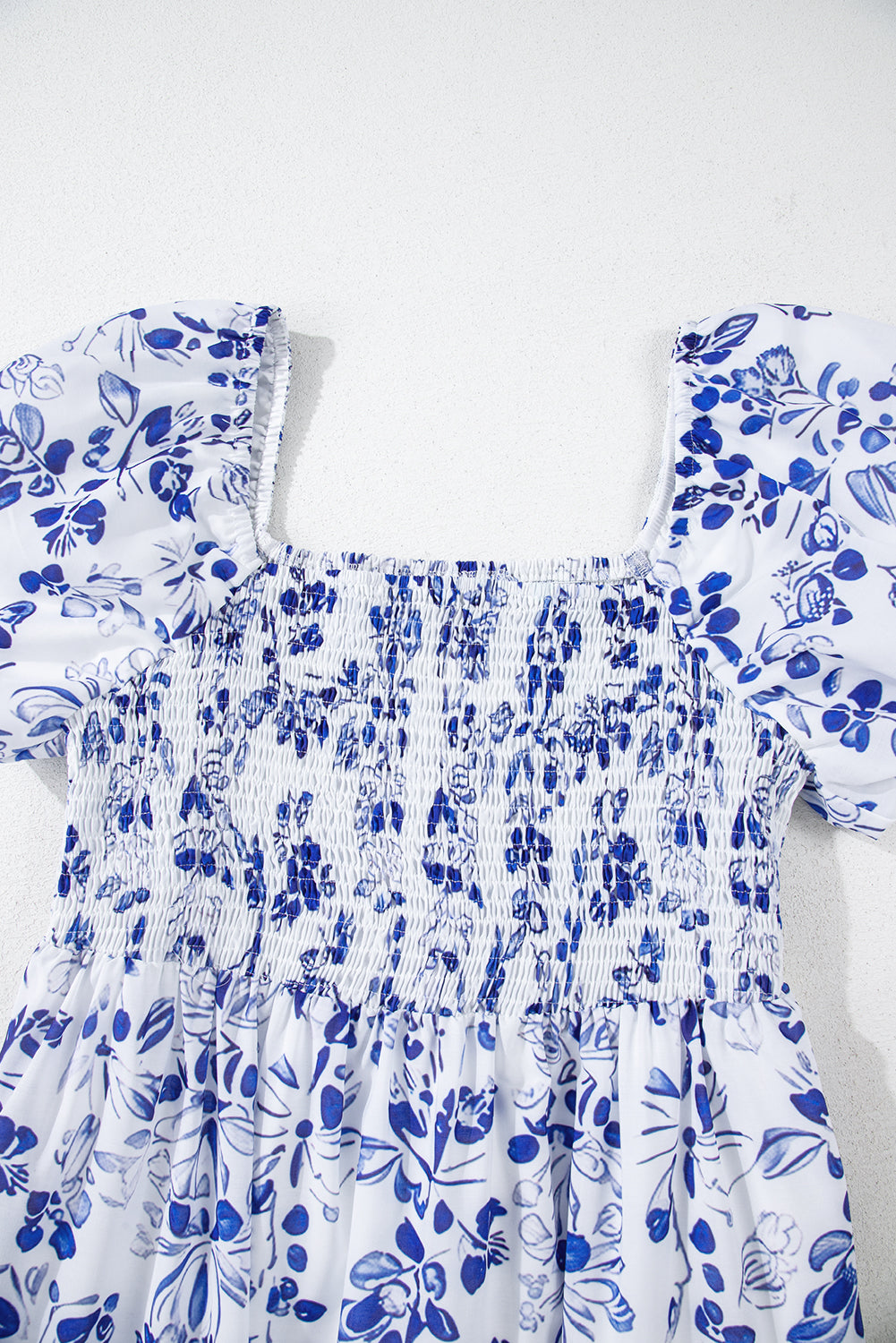 Sky Blue Floral Print Square Neck Bubble Sleeve High Waist Long Dress Maxi Dresses JT's Designer Fashion