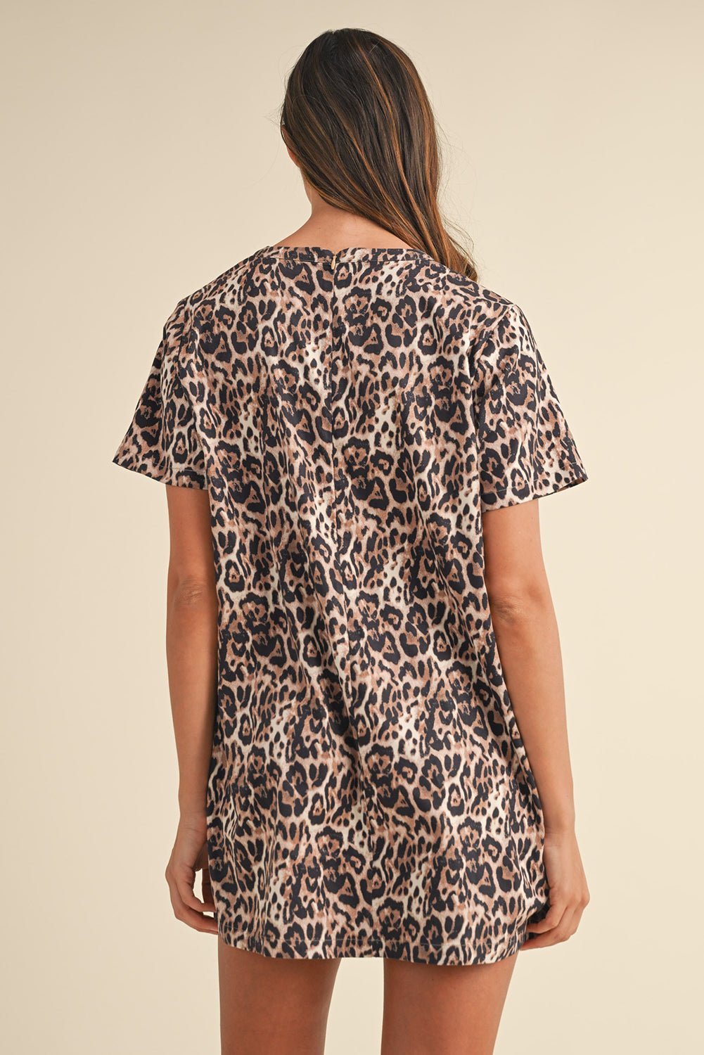 Brown Leopard Print Crew Neck Shift Short T Shirt Dress T Shirt Dresses JT's Designer Fashion