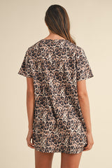 Brown Leopard Print Crew Neck Shift Short T Shirt Dress T Shirt Dresses JT's Designer Fashion