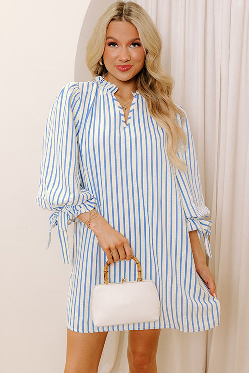 Sky Blue Stripe Knotted Bracelet Sleeve Notched Neck Shift Mini Dress Mini Dresses JT's Designer Fashion