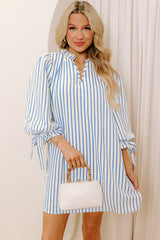 Sky Blue Stripe Knotted Bracelet Sleeve Notched Neck Shift Mini Dress Mini Dresses JT's Designer Fashion