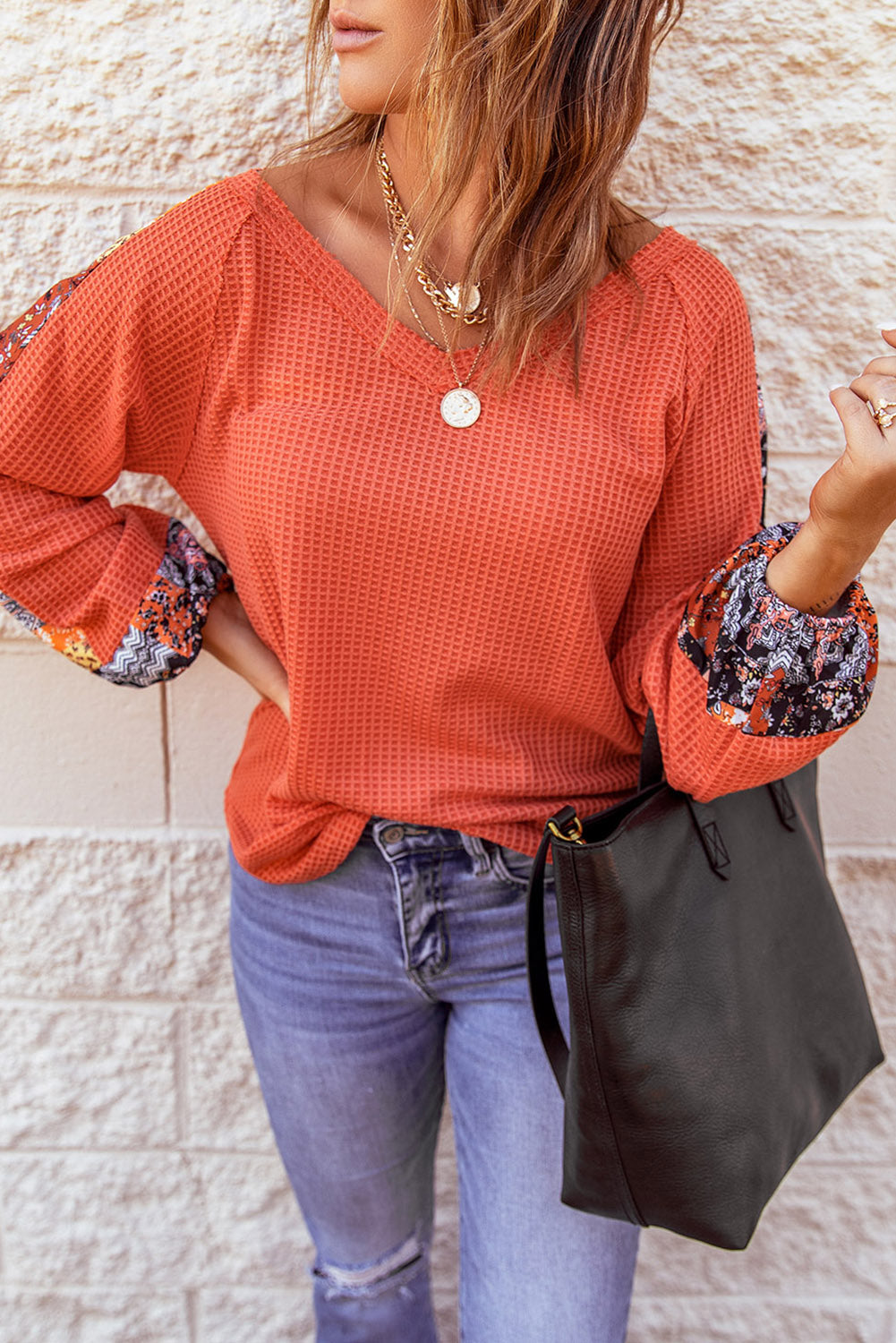 Orange Contrast Eyelet Thermal Knit Top Long Sleeve Tops JT's Designer Fashion