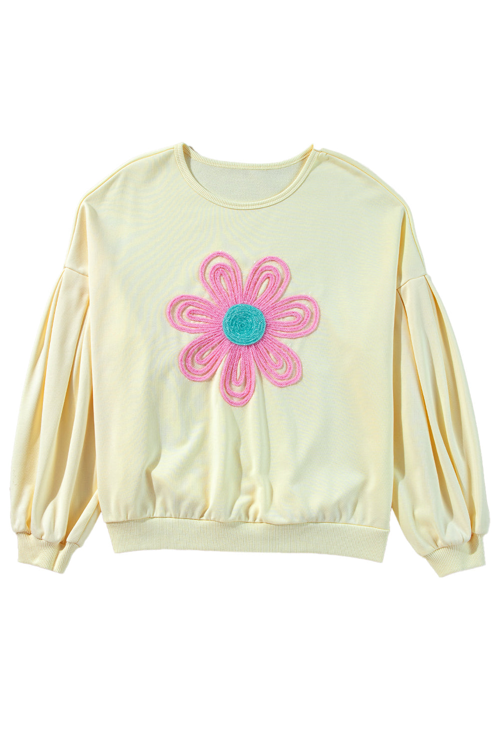 Beige Tinsel Flower Dropped Puff Sleeve Sweatshirt Sweatshirts & Hoodies JT's Designer Fashion