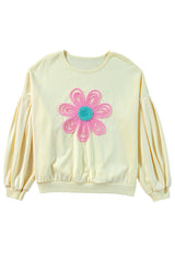 Beige Tinsel Flower Dropped Puff Sleeve Sweatshirt Sweatshirts & Hoodies JT's Designer Fashion