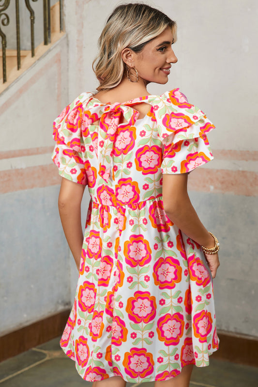 Rose Floral Print Square Neck Lace up Back Ruffled Sleeve Dress Floral Dresses JT's Designer Fashion