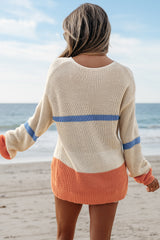 Beige Colorblock Striped Drop Shoulder Cozy Sweater Sweaters JT's Designer Fashion