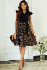 Black Flutter Sleeve Bodice Splicing Leopard Print Midi Dress Dresses JT's Designer Fashion