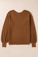 Camel Ribbed Knit Drop Sleeve V Neck Loose Fit Sweater Sweaters JT's Designer Fashion