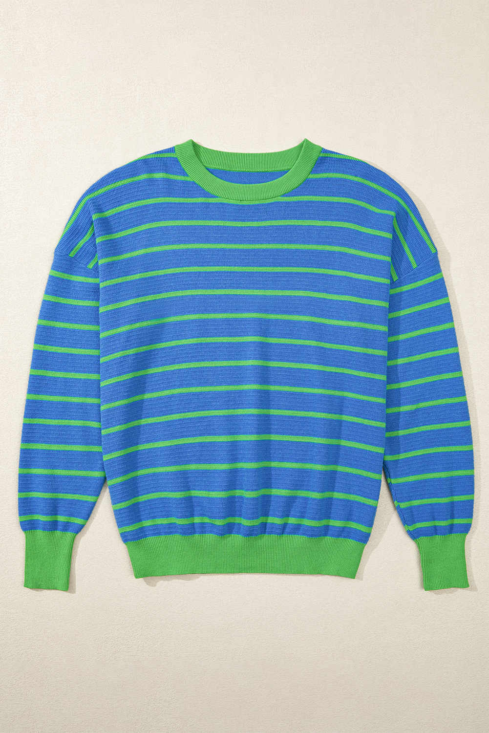 Sky Blue Stripe Trimmed Round Neck Drop Shoulder Loose Sweater Sweaters JT's Designer Fashion
