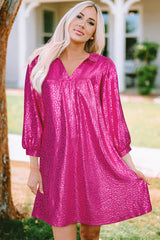 Rose Red Metallic Leopard Print Collared Babydoll Mini Dress Mini Dresses JT's Designer Fashion
