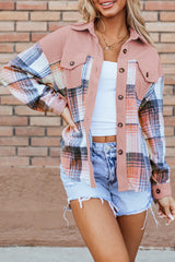 Light Pink Plaid Corduroy Patchwork Chest Pocket Shacket Plaid Shackets JT's Designer Fashion