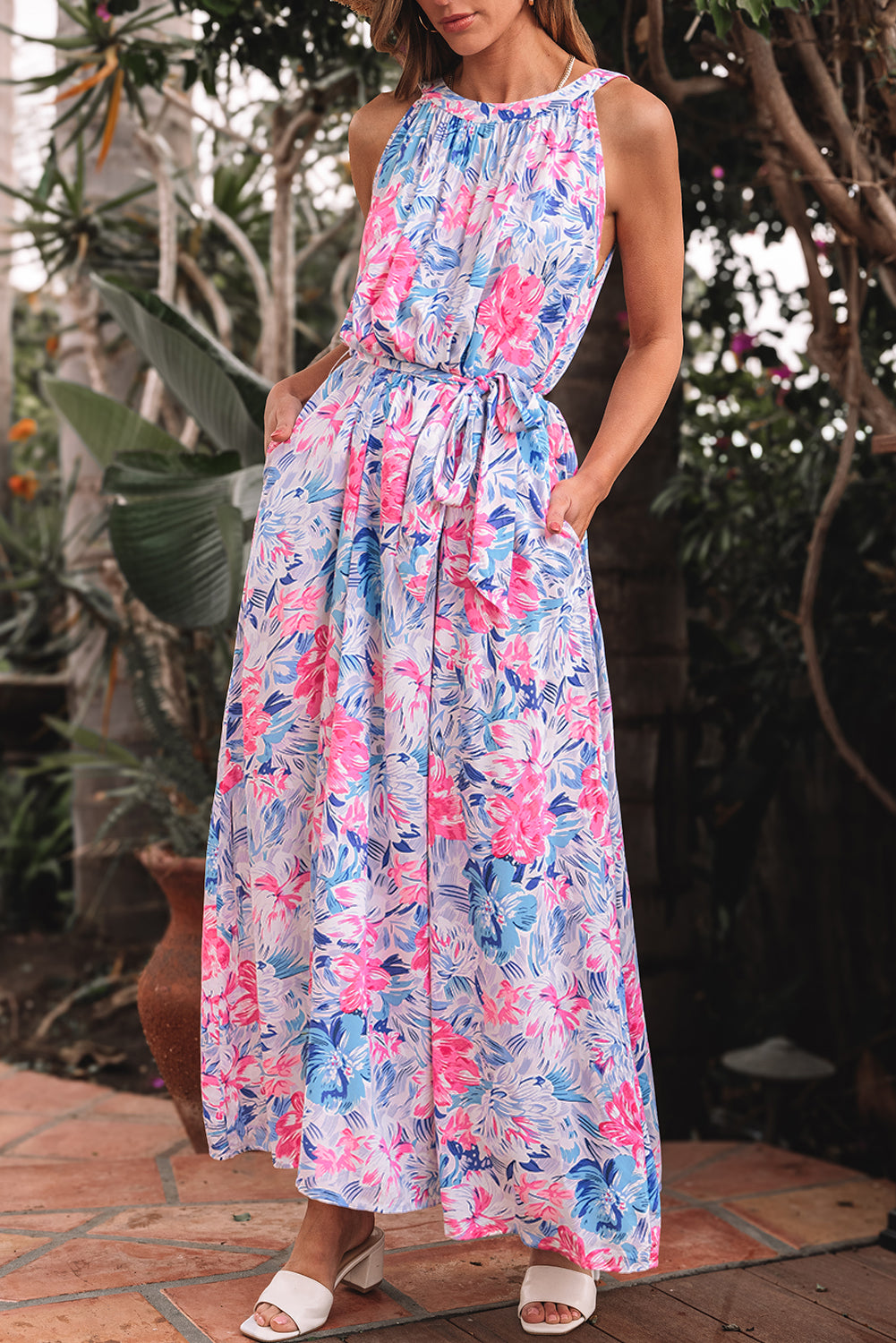 Sky Blue Floral Printed Sleeveless O Neck Knot Waist Maxi Dress Floral Dresses JT's Designer Fashion