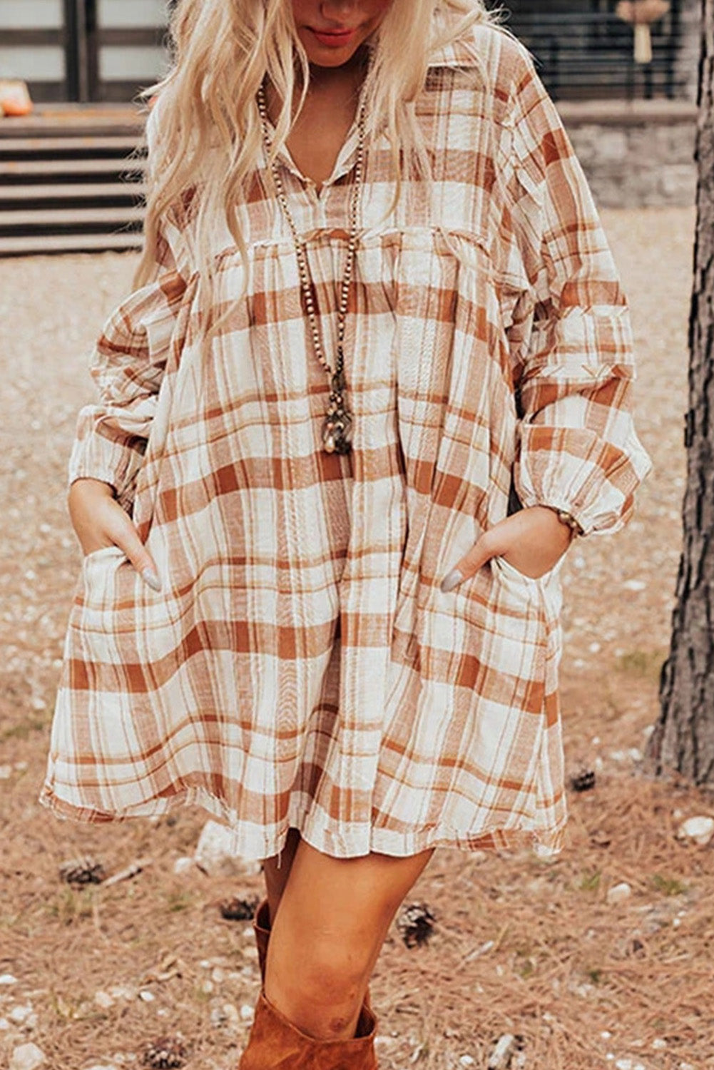 Brown Plaid Print Side Pockets Frilled Babydoll Mini Dress Mini Dresses JT's Designer Fashion