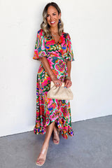 Rose Summer Plant Print Surpliced V Neck Ruffled Asymmetric Slit Wide Short Sleeve Maxi Dress Dresses JT's Designer Fashion