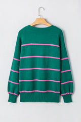 Green Stripe Half Buttons Drop Shoulder Oversized Sweater Sweaters JT's Designer Fashion