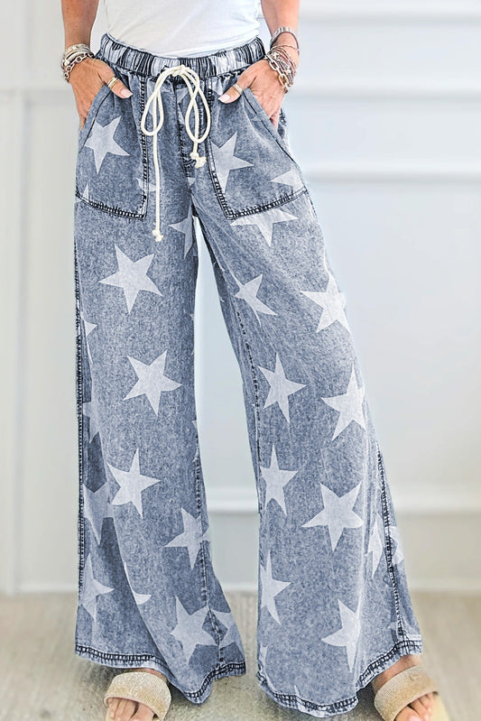 Light Blue Star Print Light Wash Drawstring Elastic Waistband Wide Leg Jeans Light Blue 82%Cotton+10%Polyester+8%Viscose Jeans JT's Designer Fashion