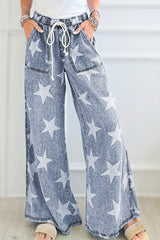 Light Blue Star Print Light Wash Drawstring Elastic Waistband Wide Leg Jeans Light Blue 82%Cotton+10%Polyester+8%Viscose Jeans JT's Designer Fashion