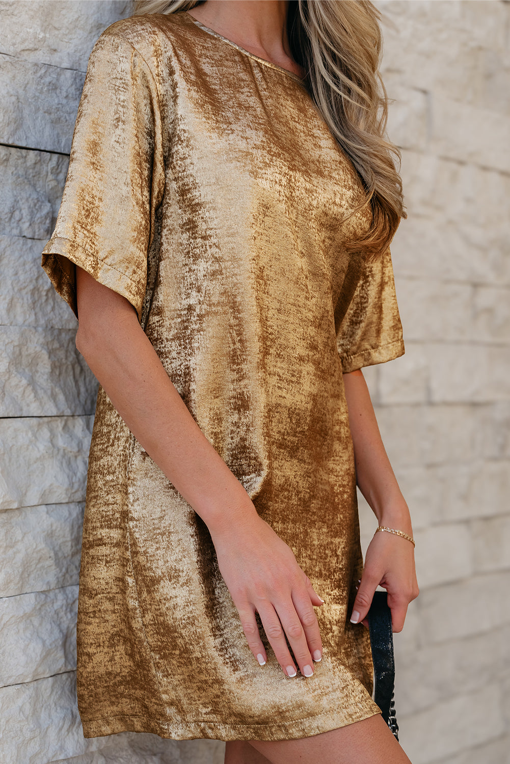 Gold Metallic Luster Crewneck Mini T-Shirt Dress T Shirt Dresses JT's Designer Fashion