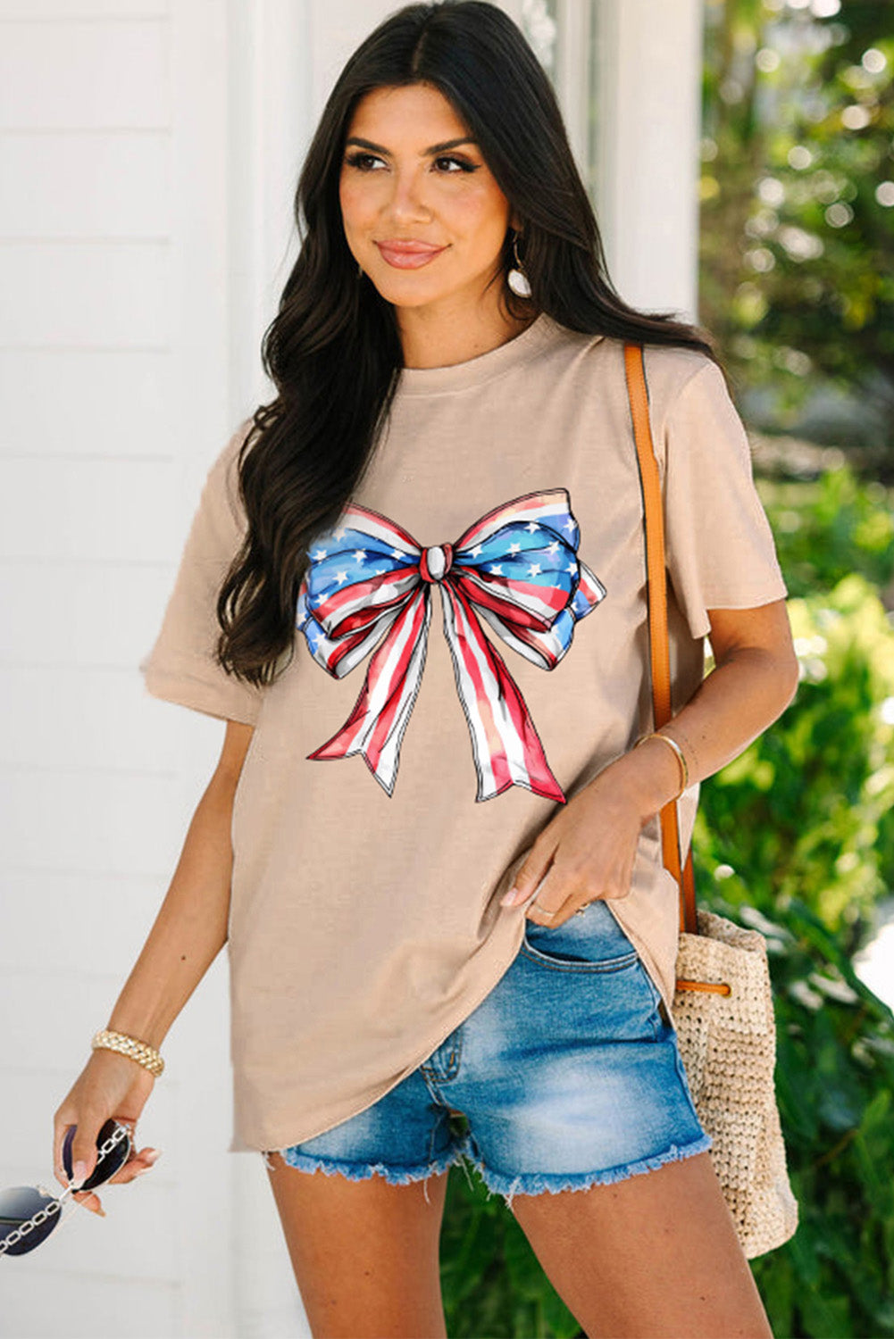 Khaki American Flag Bow Knot Print Round Neck T Shirt Graphic Tees JT's Designer Fashion