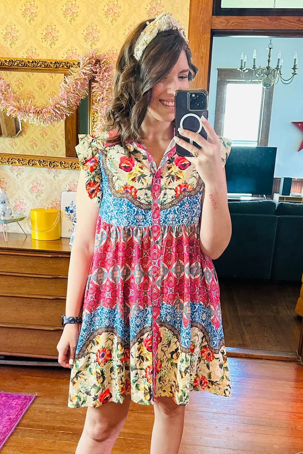 Rose Floral Mixed Pattern Ruffle Flutter Sleeve Buttoned Dress Floral Dresses JT's Designer Fashion