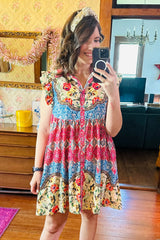 Rose Floral Mixed Pattern Ruffle Flutter Sleeve Buttoned Dress Floral Dresses JT's Designer Fashion