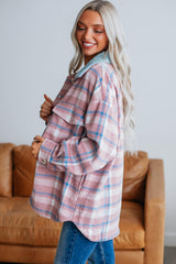 Pink Plaid Print Color Block Collared Flap Pockets Loose Shacket Plaid Shackets JT's Designer Fashion