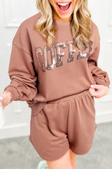 Straw Yellow Sequined COFFEE Loose Fit Sweatshirt and Shorts Set Straw Yellow 65%Polyester+35%Cotton Short Sets JT's Designer Fashion