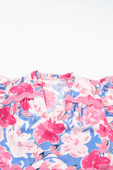 Pink Floral Printed V Notched Ric Rac Flutter Sleeve Dress Floral Dresses JT's Designer Fashion