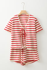 Red Stripe Lace-up Front Top and High Waist Shorts Set Short Sets JT's Designer Fashion