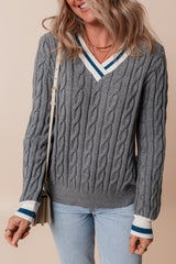Medium Grey Color Contrast Ribbed Edge Cable Knit V Neck Sweater Sweaters JT's Designer Fashion