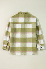 Sage Green Plaid Print Buttoned Flap Pockets Baggy Shacket Plaid Shackets JT's Designer Fashion