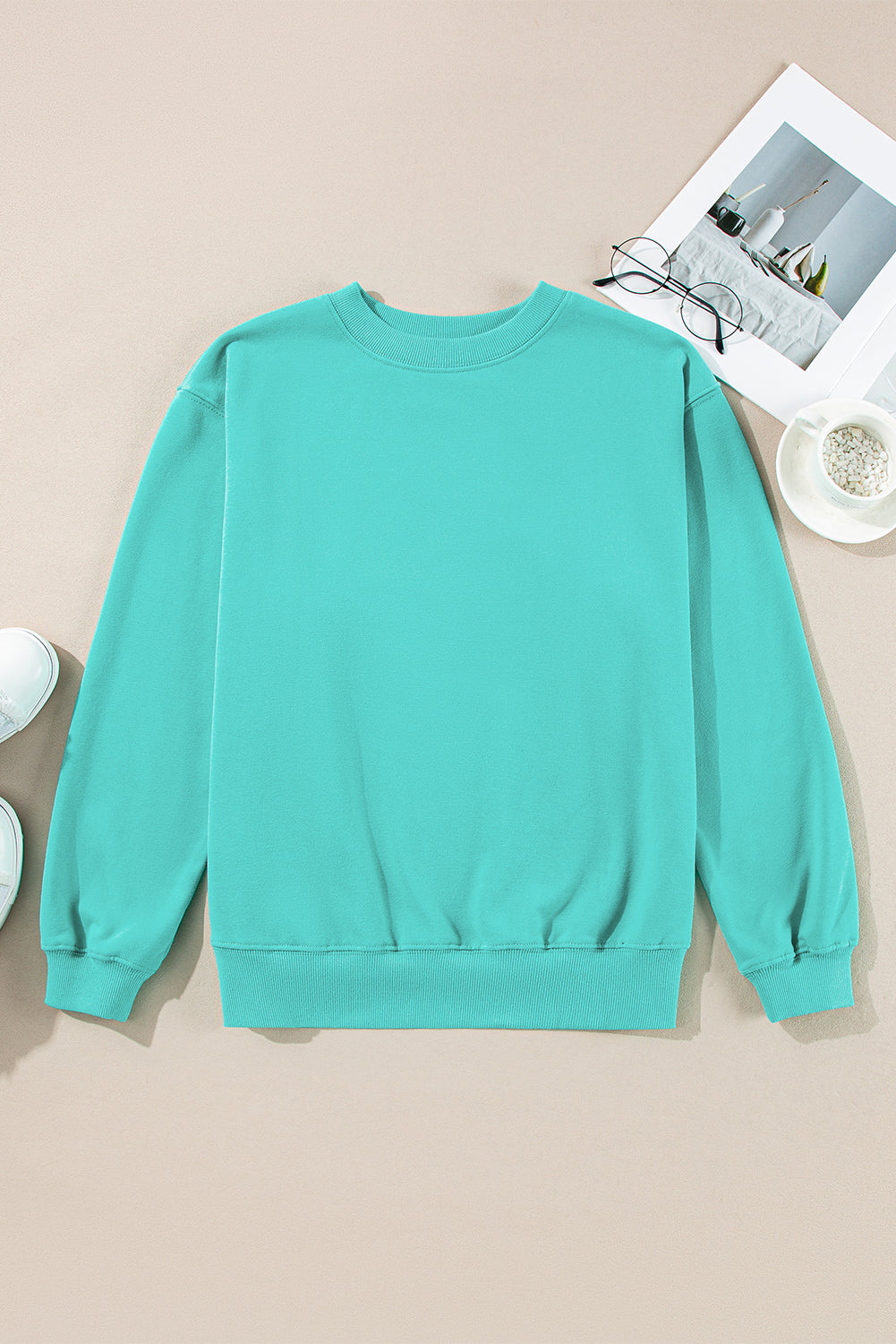 Aruba Blue Plain Drop Shoulder Crewneck Pullover Sweatshirt Sweatshirts & Hoodies JT's Designer Fashion