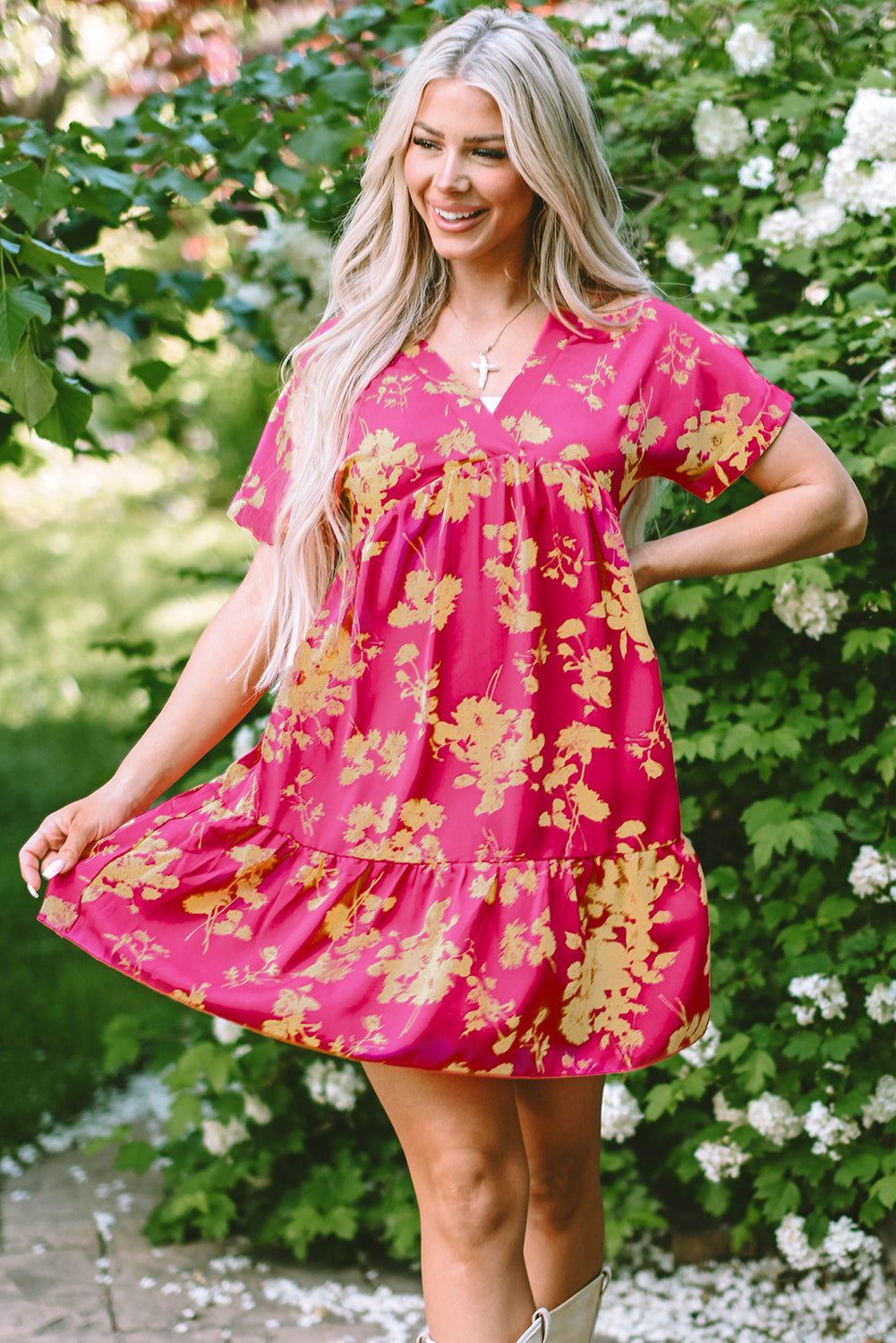 Rose Floral Print Batwing Sleeve Smock Dress Rose 100%Polyester Floral Dresses JT's Designer Fashion