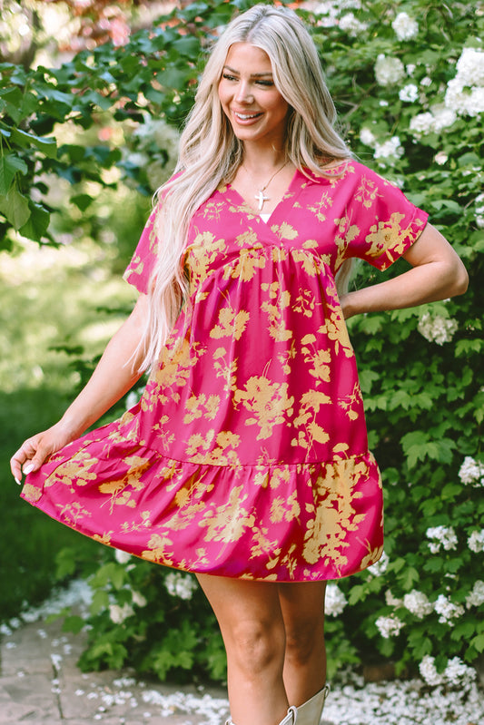 Rose Floral Print Batwing Sleeve Smock Dress Rose 100%Polyester Floral Dresses JT's Designer Fashion