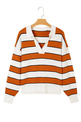 Brown Stripe Ribbed Polo Collar Drop Shoulder Sweater Sweaters JT's Designer Fashion