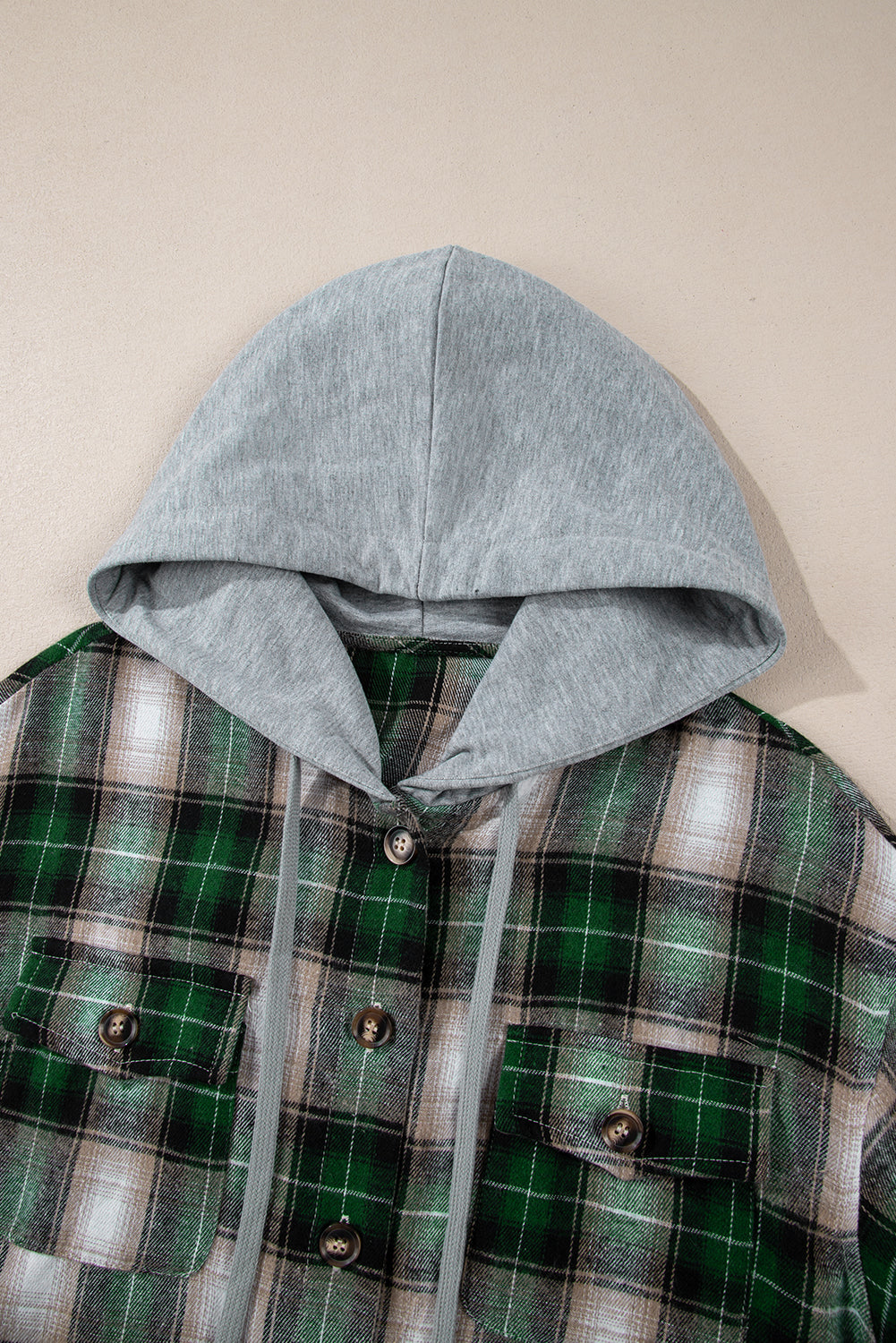 Green Plaid Print Chest Pocket Buttoned Hooded Shacket Plaid Shackets JT's Designer Fashion